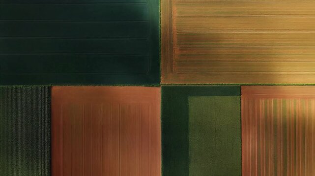 Aerial view of vibrant agricultural fields with geometric patterns of green and brown crops, cinematic drone footage, seamless transition, patchwork farmland texture, symbolizing nature