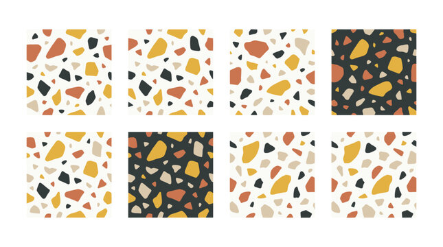 Set of terrazzo pattern samples, abstract mosaic shapes in warm earth tones, seamless repeating textures for interior design, wallpaper, fabric, and decor