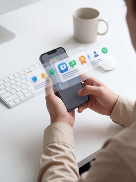 Man holding smartphone with holographic interface icons floating above screen in modern office workspace with keyboard with set against clean white desk keyboard coffee cup displays pair hands