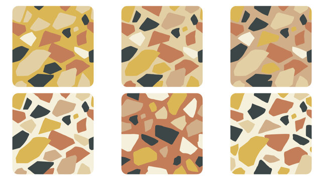 Six square patterns in a terrazzo style, featuring irregular shapes and muted earth tones, perfect for interior design or fabric printing