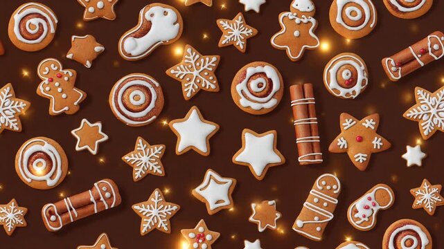 Assorted Christmas gingerbread cookies with intricate white icing designs, including stars, snowflakes, and cinnamon sticks, arranged on dark background with twinkling lights, seamless loop