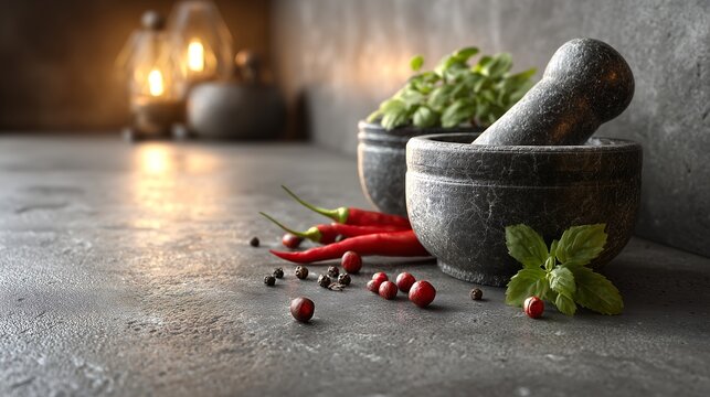 Stone cobek and ulekan on modern kitchen countertop beside fresh chili and herbs, ideal for Indonesian cooking, recipe content, spice preparation and culinary branding