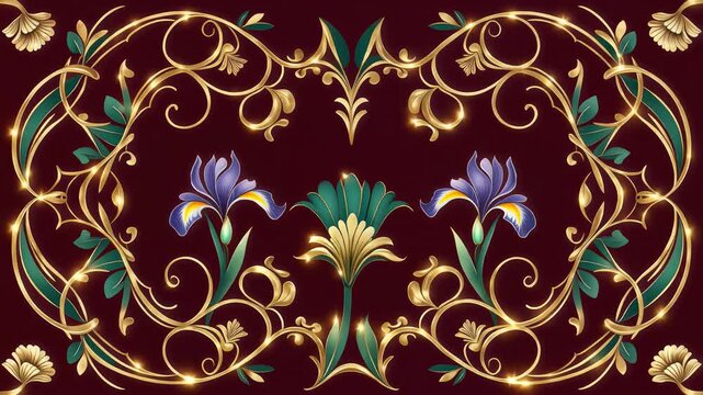 Elegant golden floral ornament with vibrant iris flowers and intricate scrollwork, seamless looping motion on deep burgundy background, cinematic glowing details, symbolizing luxury, sophistication