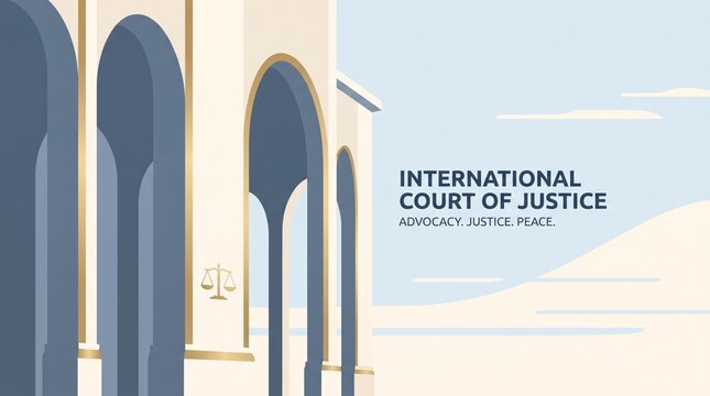 International Court of Justice building illustration with scales of justice