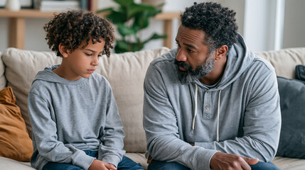 Obraz premium A pensive African American father speaks to his concerned son on a cozy sofa.