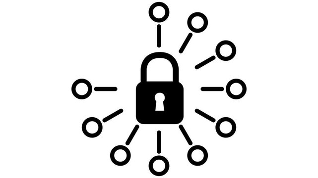 Cybersecurity concept animation featuring a black padlock icon with connecting network nodes expanding outwards on a white background.