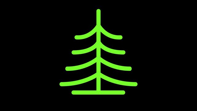 Animated line art drawing of a green pine tree forming on a black background. Minimalist nature or holiday concept.