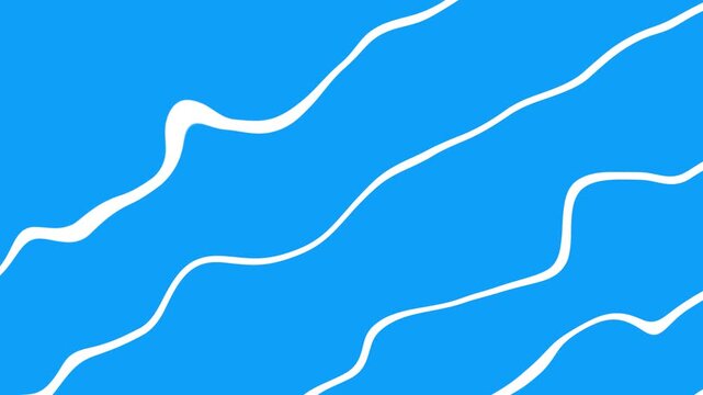 Abstract background with smooth white wavy lines flowing diagonally over a bright blue background. Minimalist seamless loop animation.