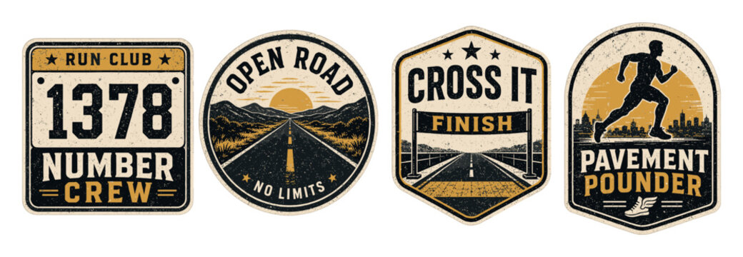 Vintage running badges and road race emblems featuring distressed textures, marathon runner silhouettes, open highways, and athletic typography