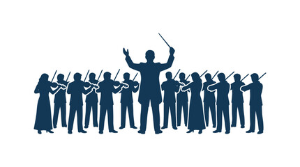 Silhouette of conductor leading orchestra musicians. © alfan
