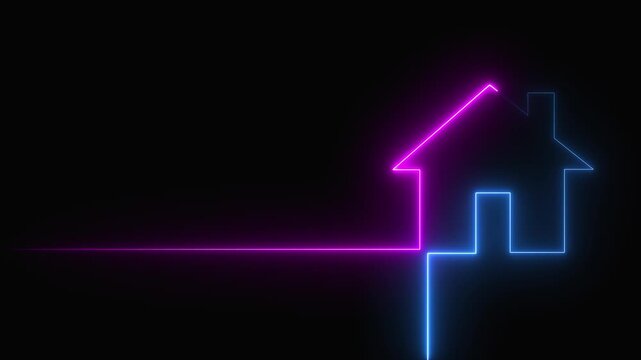 Neon line home icon. Neon line Cool linear animated home icon. House icon glowing neon light on black background.4 k animation video.