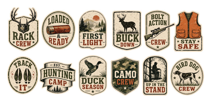 Vintage hunting badges and stickers set featuring deer antlers shotgun shell forest landscape buck rifle orange vest animal tracks duck camouflage pattern tree stand and pointer dog