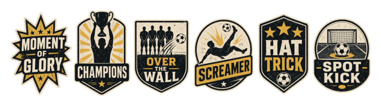Vintage soccer badges and emblems set featuring retro designs for champions, hat trick, screamer, spot kick, and moment of glory with distressed textures