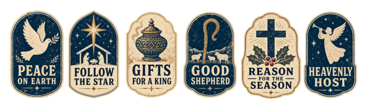 Christian Christmas vintage labels set featuring religious symbols like the nativity star, dove of peace, frankincense urn, shepherd crook, holy cross, and heavenly angel