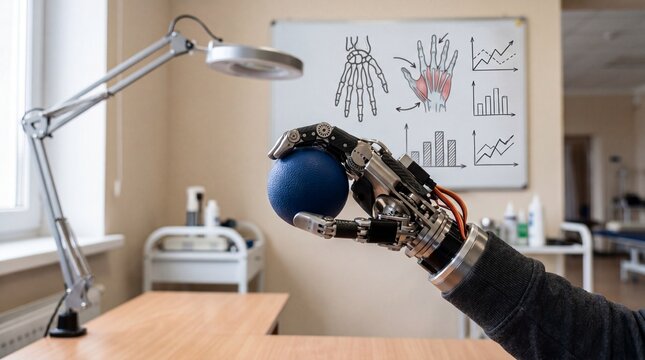 Advanced Robotic Hand Grasping Blue Rubber Ball in Modern Medical Rehabilitation Office Setting