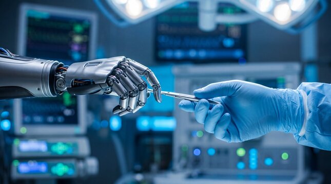 Robot Hand Interaction with Human Hand in Advanced Medical Setting During Surgery with High-Tech Equipment