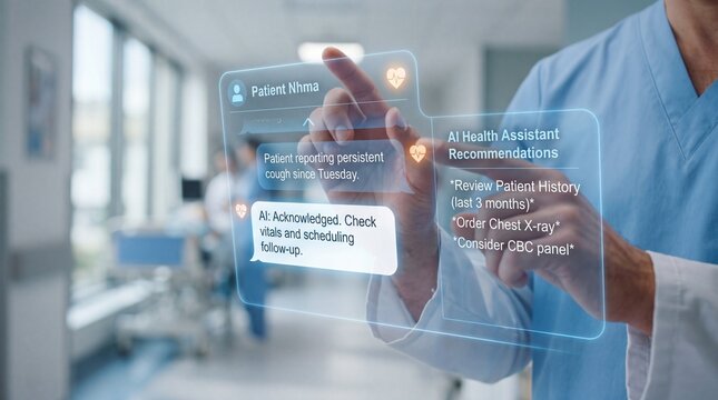 Healthcare professional interacting with digital health interface for patient information and AI recommendations in hospital setting