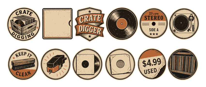 Vintage vinyl record stickers and badges set featuring retro turntable designs, crate digging labels, record player needles, and music cleaning brushes in a classic distressed style