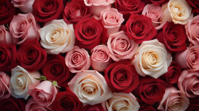 Vibrant bouquet of red, pink, and white roses with fresh morning dew, close-up cinematic footage, seamless loop, symbolizing love, romance, and natural beauty