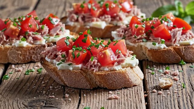 Delicious Tuna and Tomato Bruschetta Appetizers with Fresh Herbs, Creamy Cheese on Rustic Wooden Table