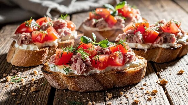 Delicious Tuna and Tomato Appetizers on Toasted Bread Slices Garnished with Herbs on a Rustic Wooden Surface