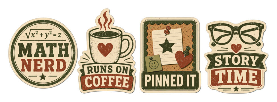 Vintage style sticker set featuring retro designs for math nerd, runs on coffee, pinned it, and story time themes with a distressed texture