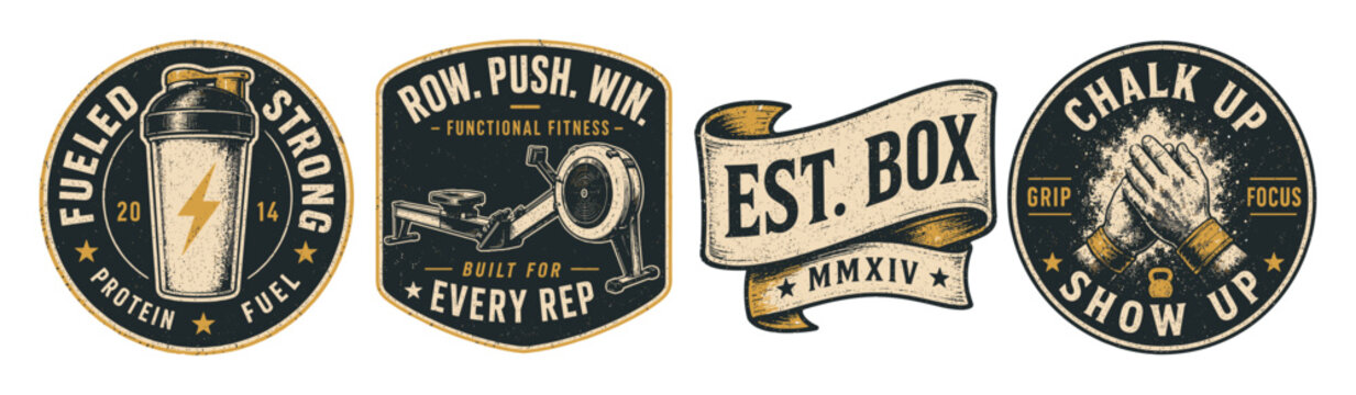 Vintage fitness gym emblems and badges set featuring a protein shaker bottle, rowing machine, ribbon, and chalked hands clapping