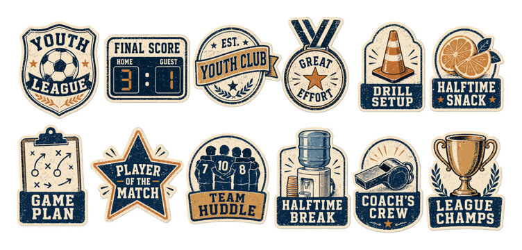 Vintage youth soccer stickers and badges set featuring retro sports designs for league champions, team huddle, game plan, and halftime break