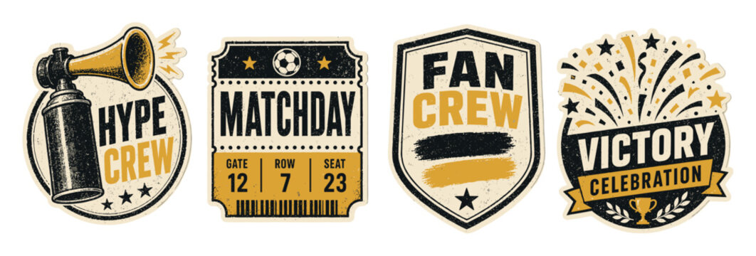 Vintage soccer stickers and badges set featuring hype crew air horn matchday ticket fan crew shield and victory celebration emblem with grunge texture