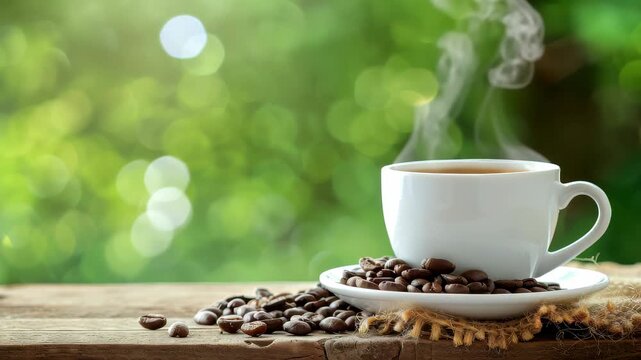 Steaming Coffee with Beans: A white ceramic cup filled with hot, steaming coffee rests on a saucer surrounded by roasted coffee beans, set against a softly blurred green background of nature.