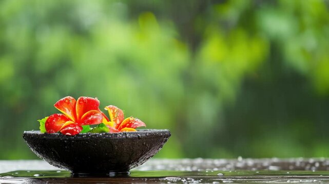 Tranquil Bloom in Rain: Vibrant orange and yellow flowers float delicately in a dark, textured bowl, set on a surface glistening with raindrops.
