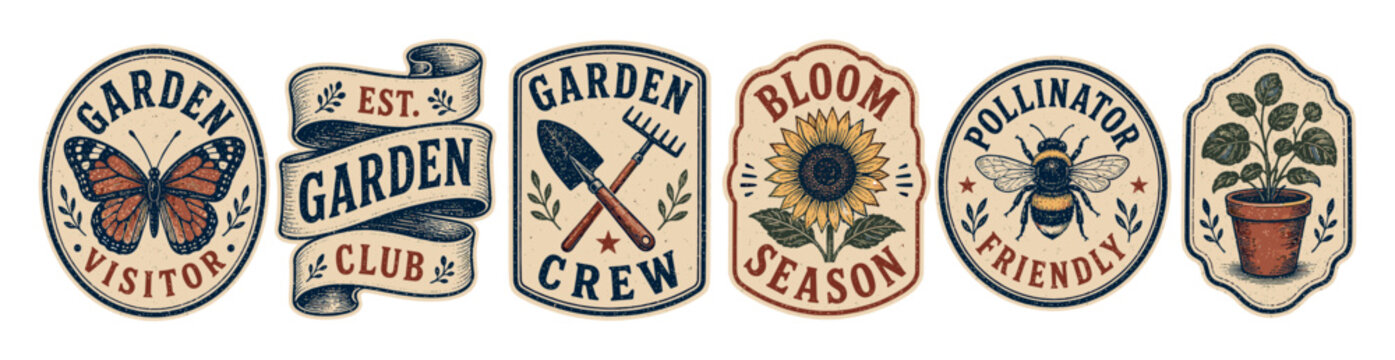 Vintage gardening badges and stickers set featuring hand drawn illustrations of butterfly, sunflower, honeybee, potted plant, and garden tools with retro typography