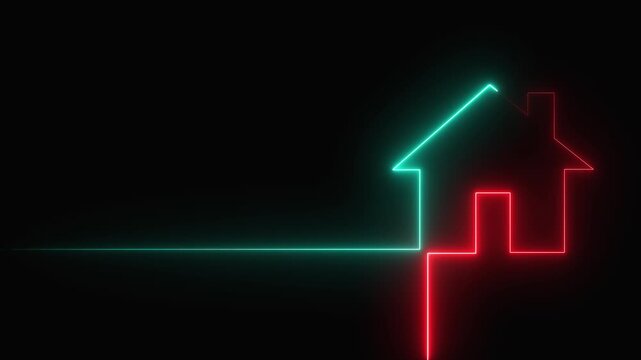 Neon line home icon. Neon line Cool linear animated home icon. House icon glowing neon light on black background.4 k animation video.