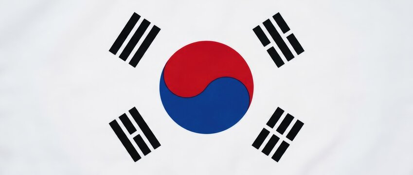 The flag of South Korea, also known as Taegeukgi, features a white background with a red and blue taegeuk symbol in the center and four black trigrams on each corner