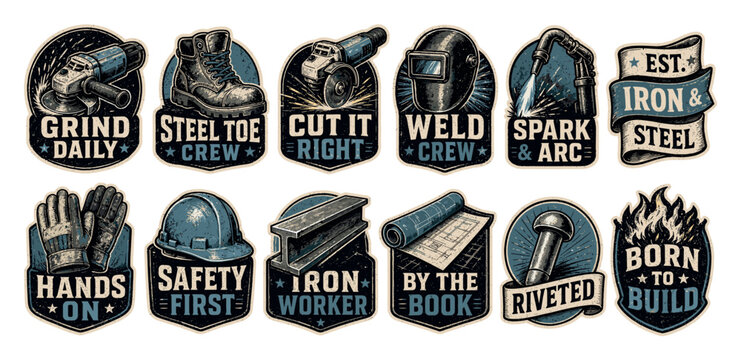 Vintage industrial worker stickers and emblems featuring tools like angle grinders, welding masks, steel toe boots, hard hats, and construction equipment in a retro distressed style