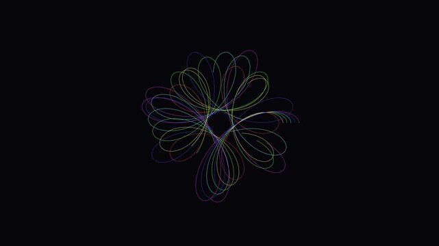 Abstract colorful spirograph motion with rotating geometric lines on animation 4k black background