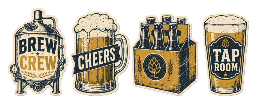 Vintage craft beer brewery stickers set featuring a brewing tank, a full mug of foaming beer, a six pack bottle carrier, and a pint glass