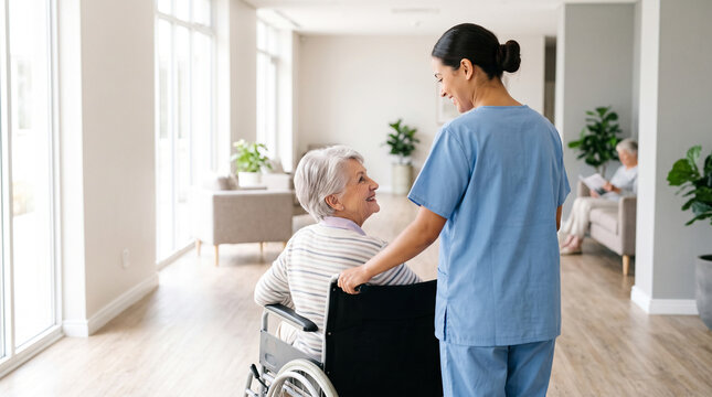 Smiling nurse pushes senior woman in wheelchair through bright hallway of modern nursing home, offering compassionate assistance.