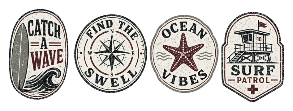 Vintage surf badges and emblems collection featuring surfboard illustration compass rose starfish and lifeguard tower with distressed grunge texture