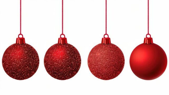 Four Red Christmas Ornaments Hanging: Four vibrant red Christmas ornaments, varying in texture from glittery to smooth, hang suspended, ready to adorn a festive tree.