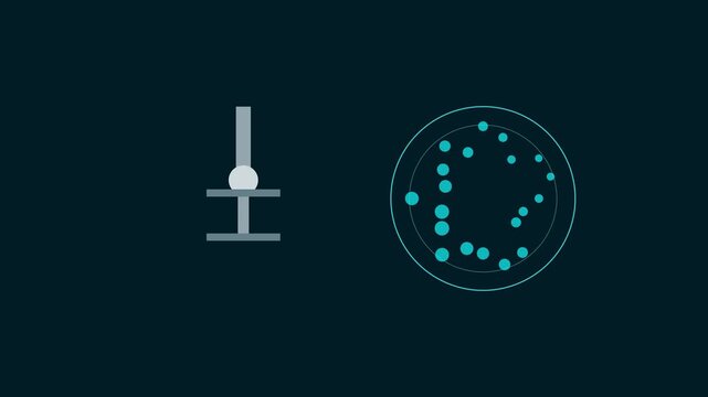 Abstract data visualization with pulsing circular nodes and geometric loading indicator on dark animation 4k background