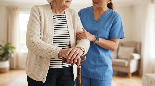 Caregiver assisting elderly woman with cane for mobility support inside home setting during healthcare visit for aging senior health care.