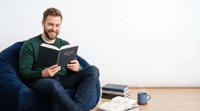 Man comfortably reading a book on a beanbag chair during Book Lovers' Appreciation Day with warm lighting
