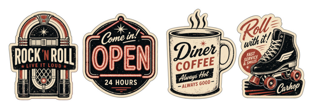 Vintage diner stickers collection featuring retro jukebox, open sign, coffee mug, and roller skate illustrations with distressed texture