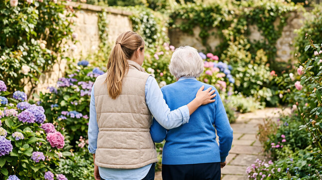 Young woman helping grandmother walk along blooming garden path with assistance and care in quiet park setting during sunny afternoon.