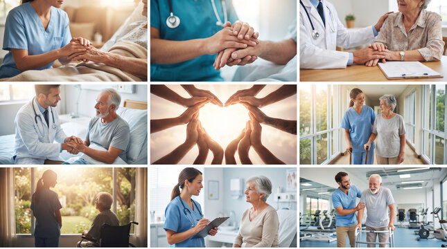 Elderly care and medical support collage featuring doctors and nurses helping senior patients with compassion in various hospital settings.