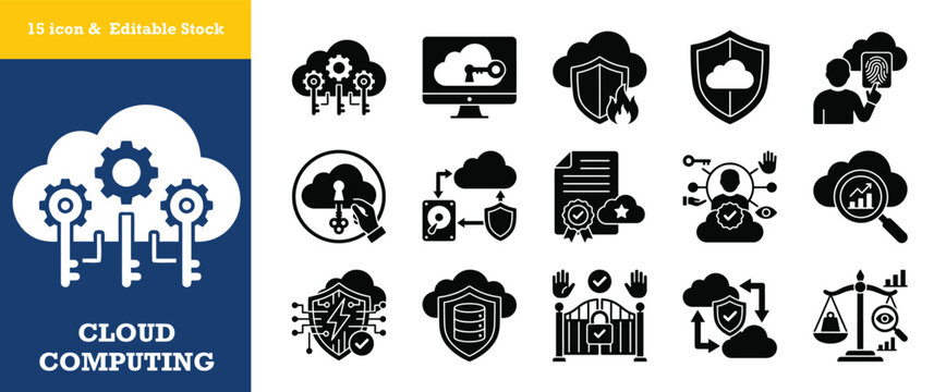 Cloud computing security icon set representing data protection and access control.