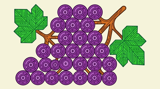 Illustration vectorielle stylis&eacute;e d'une grappe de raisins violets m&ucirc;rs avec des feuilles vertes d&eacute;taill&eacute;es et des tiges brunes sur un fond clair, style graphique plat et lin&eacute;aire.