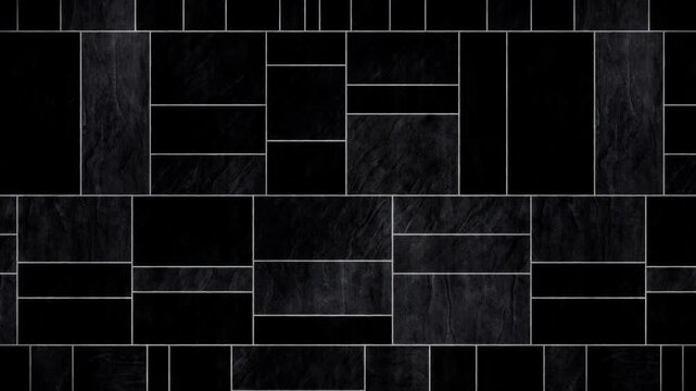 Abstract pattern background, dark black textured and smooth geometric tiles with thin white lines, modern seamless loop.