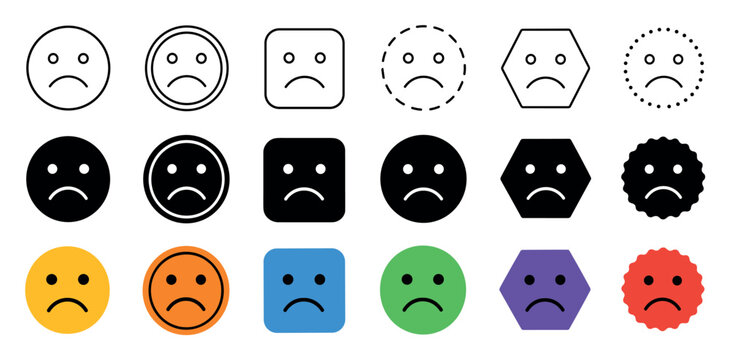 Sad face icons set in various shapes and colors representing negative feedback, bad mood, and customer dissatisfaction
